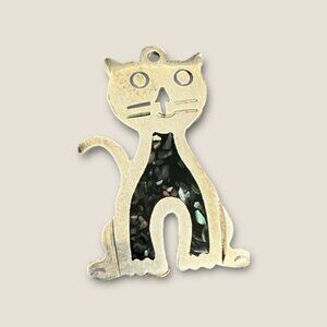 Vintage Alpaca Silver Cat Charm Pendant With Abalone Inlay For Necklace Or Brace